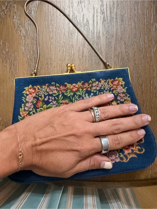 Vintage Handbags - Vintage Navy Floral Needlepoint Frame Clutch with Gold Chain
